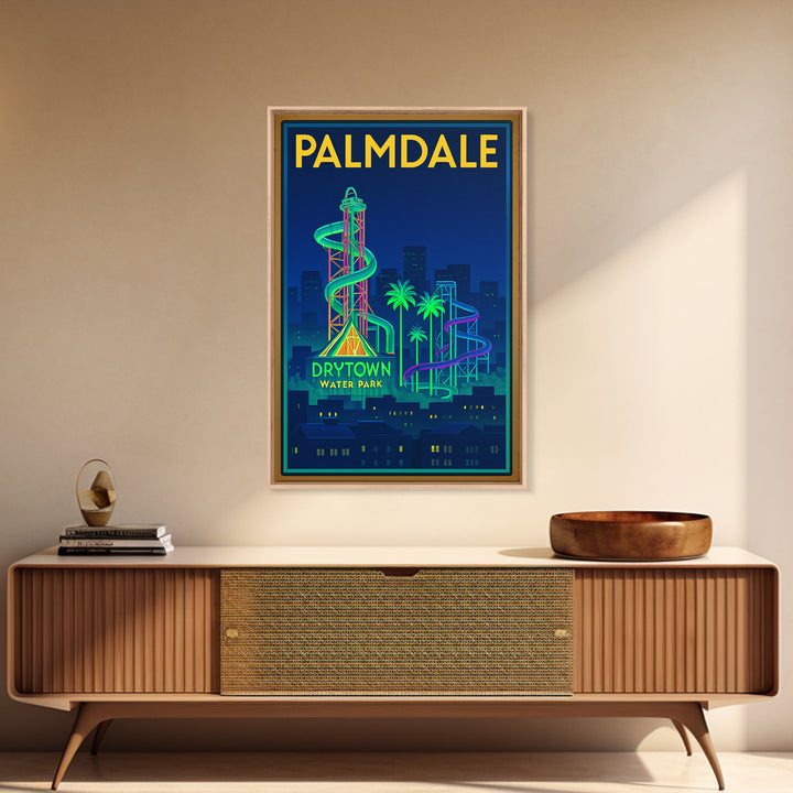 Palmdale Travel Poster, Framed Canvas Print, Neon Skyline Wall Art, Palmdale City Art, Vintage City Art, Mid Century Wall Art
