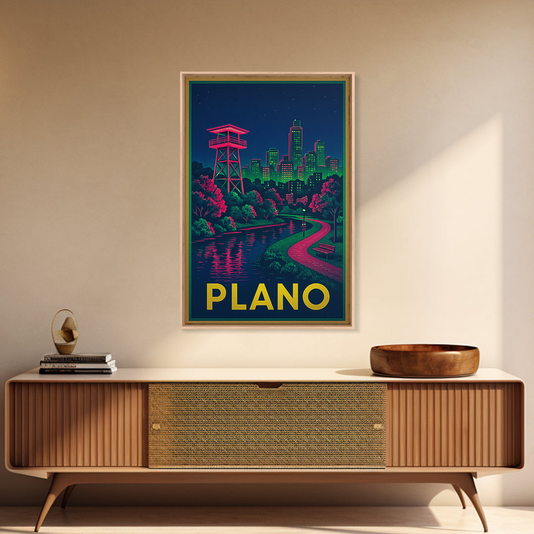 Plano Texas Travel Poster, Canvas Print, Neon Skyline Wall Art, Plano Wall Art, Gift For Travelers, Modern Wall Decor, City Travel Prints