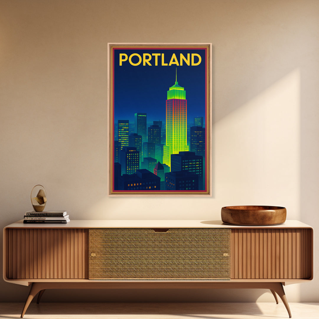 Portland Travel Poster, Framed Canvas Print, Cyberpunk Style City Art, Portland Wall Art, Fine Art Print, Watercolor Skyline
