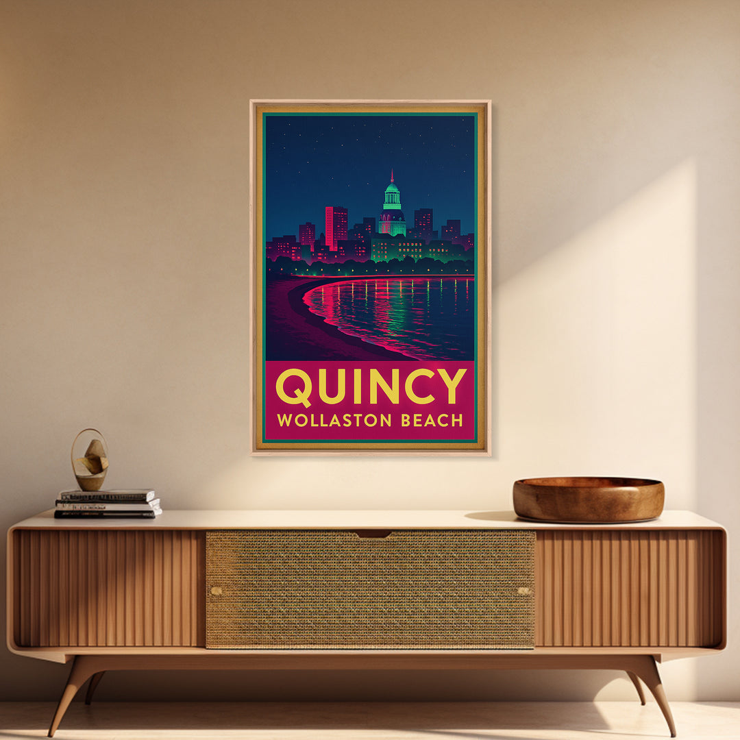 Quincy Massachusetts Travel Poster, Canvas Print, Retro Neon Travel Art, Quincy Travel Art, Travel Wall Decor, Home Office Decor, Art Print