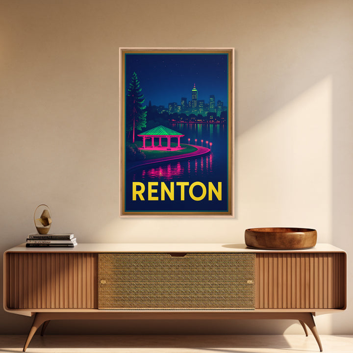 Renton Washington Travel Poster, Canvas Print, Neon Downtown Skyline Wall Art, Renton Travel Art, Travel Prints, Wanderlust Decor, Art Print