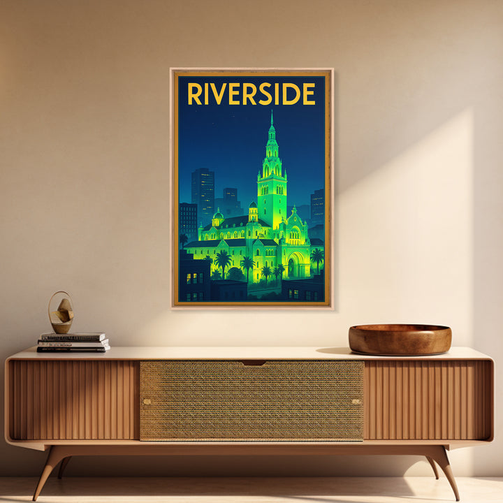 Riverside Travel Poster, Canvas Print, Neon City Skyline Wall Art, Riverside City Art, Living Room Wall Art, Eclectic Wall Decor, Wall Art