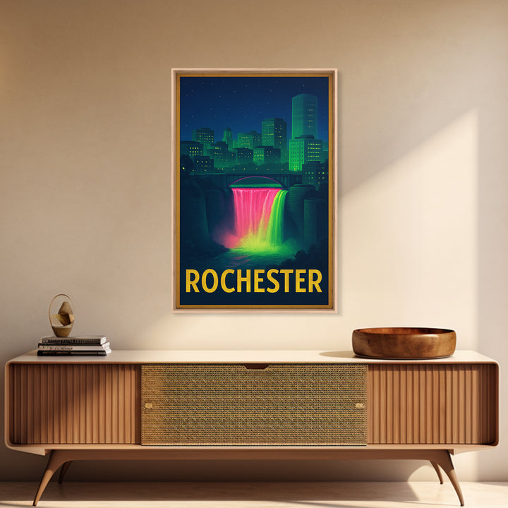 Rochester New York Travel Poster, Framed Canvas Print, Retro Neon Travel Art, Rochester Art Print, Mid Century Wall Art, Eclectic Wall Decor