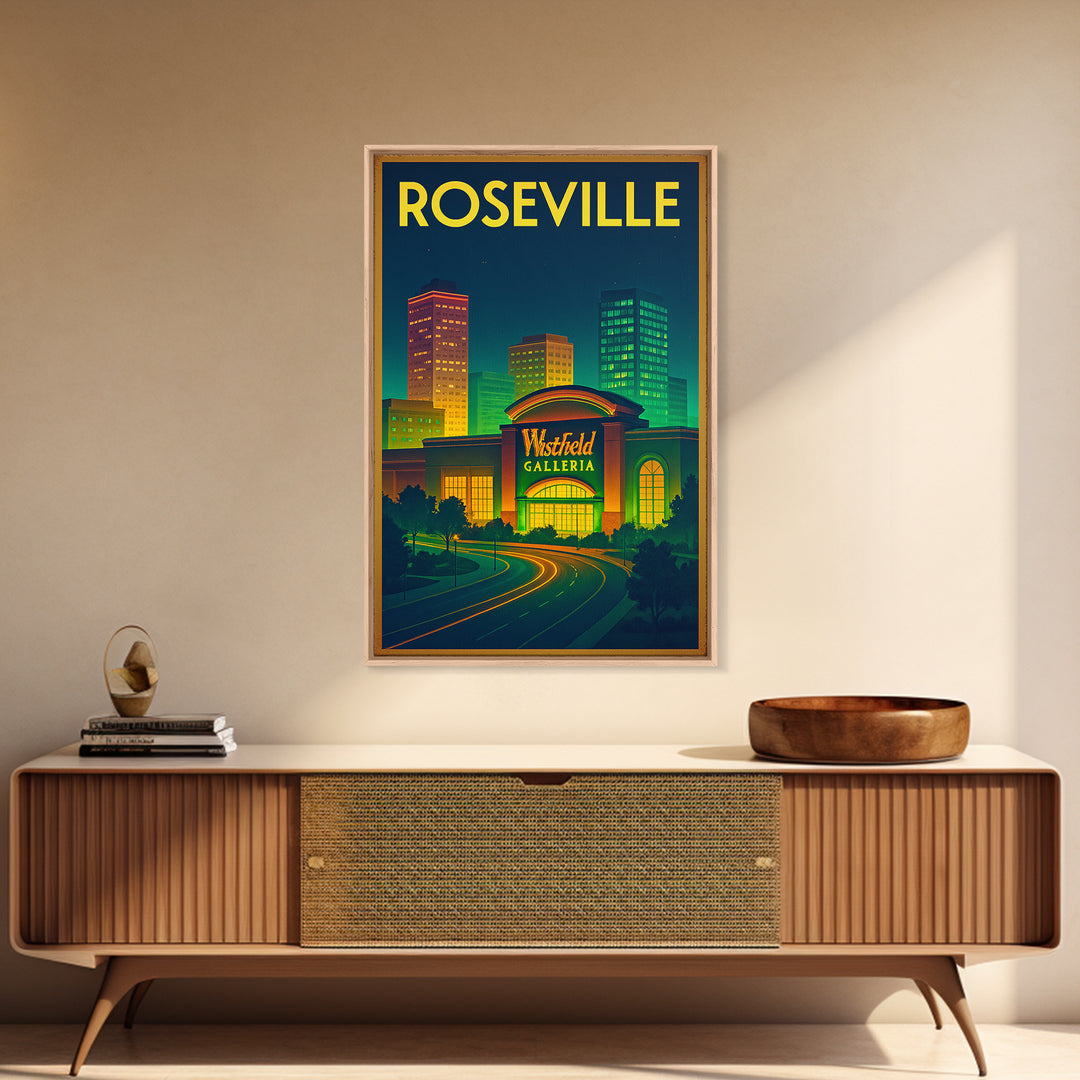 Roseville Travel Poster, Framed Canvas Print, Neon Skyline Art Wall Art, Roseville Poster Print, Home Office Decor, City Illustration