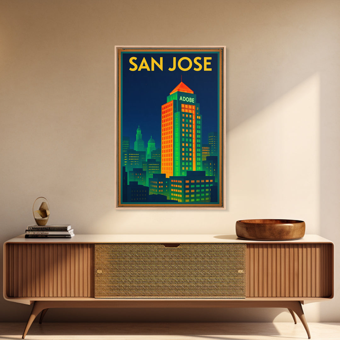 San Jose California Travel Poster, Framed Canvas Print, Cyberpunk Style City Art, San Jose Art Print, Wanderlust Decor, Travel Poster Set