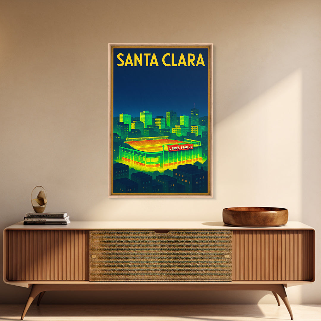 Santa Clara Travel Poster, Framed Canvas Print, Retro Neon Travel Art, Santa Clara City Art, Gift For Travelers, Mid Century Wall Art