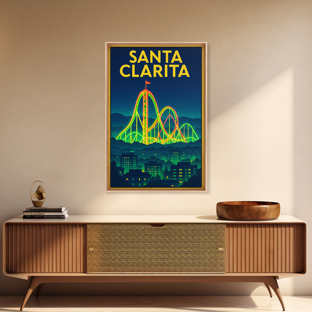 Santa Clarita Travel Poster, Framed Canvas Print, Retro Neon Travel Art, Santa Clarita Wall Art, Vintage City Poster, Retro Travel Print