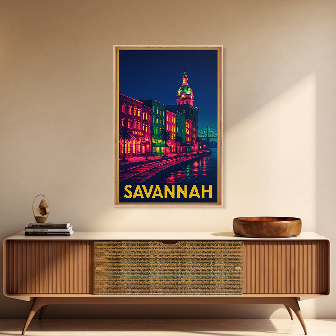 Savannah Georgia Travel Poster, Framed Canvas Print, Cyberpunk Style City Art, Savannah Wall Art, Retro Travel Print, Vintage Travel Print