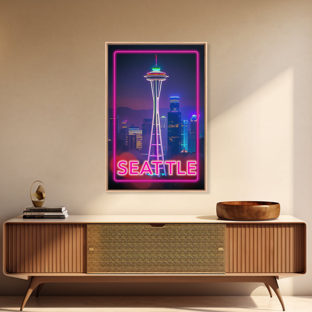 Seattle Washington Travel Poster, Canvas Print, Cyberpunk Style City Art, Seattle City Art, Wanderlust Decor, Travel Art Print, Wall Art