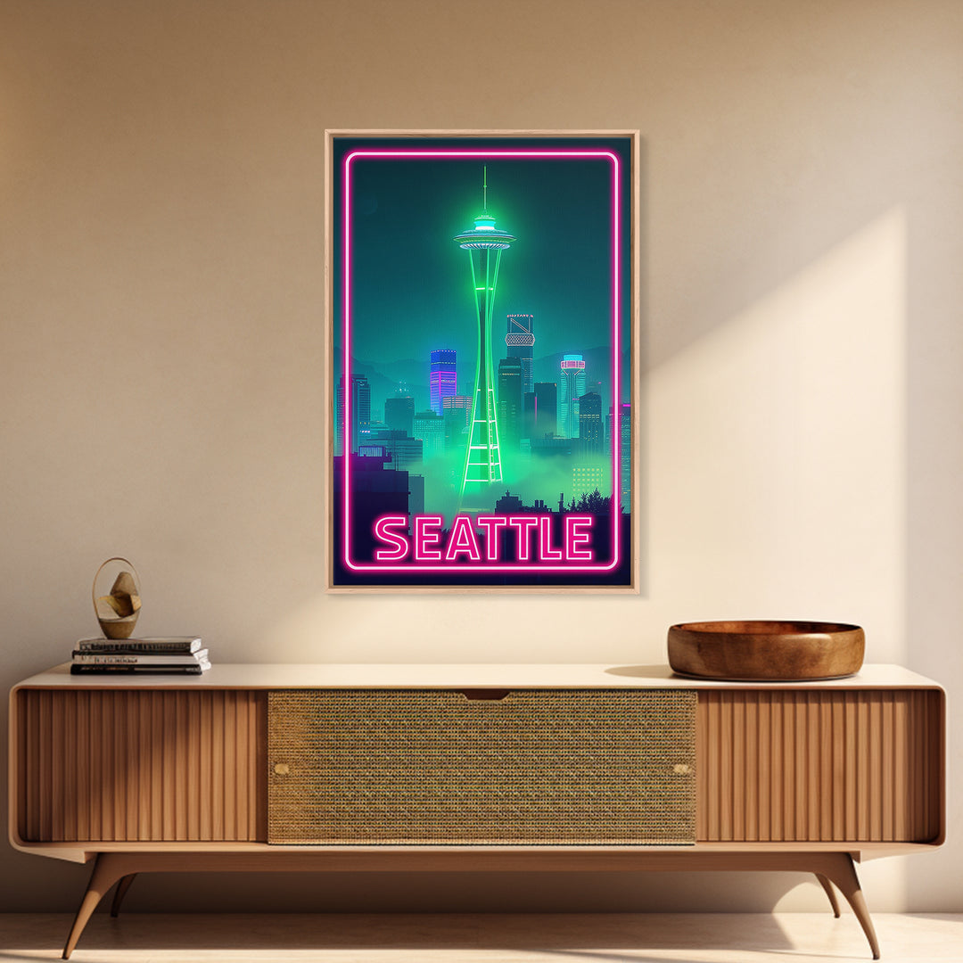 Seattle Travel Poster, Canvas Print, Electric Night Poster Art, Seattle Art Print, Vintage City Poster, Retro Travel Print, City Poster