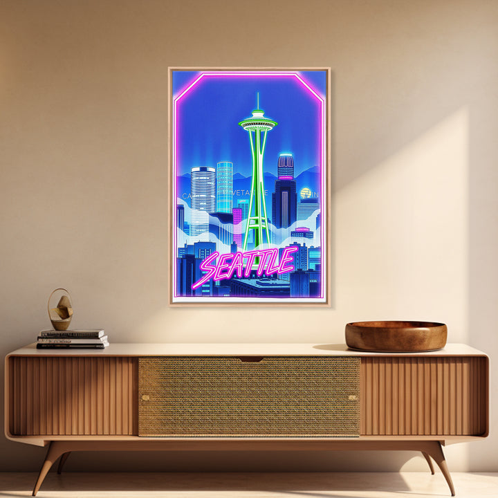 Seattle Travel Poster, Canvas Print, Cyberpunk Style City Art, Seattle City Art, Watercolor Skyline, City Travel Prints, Travel Wall Art