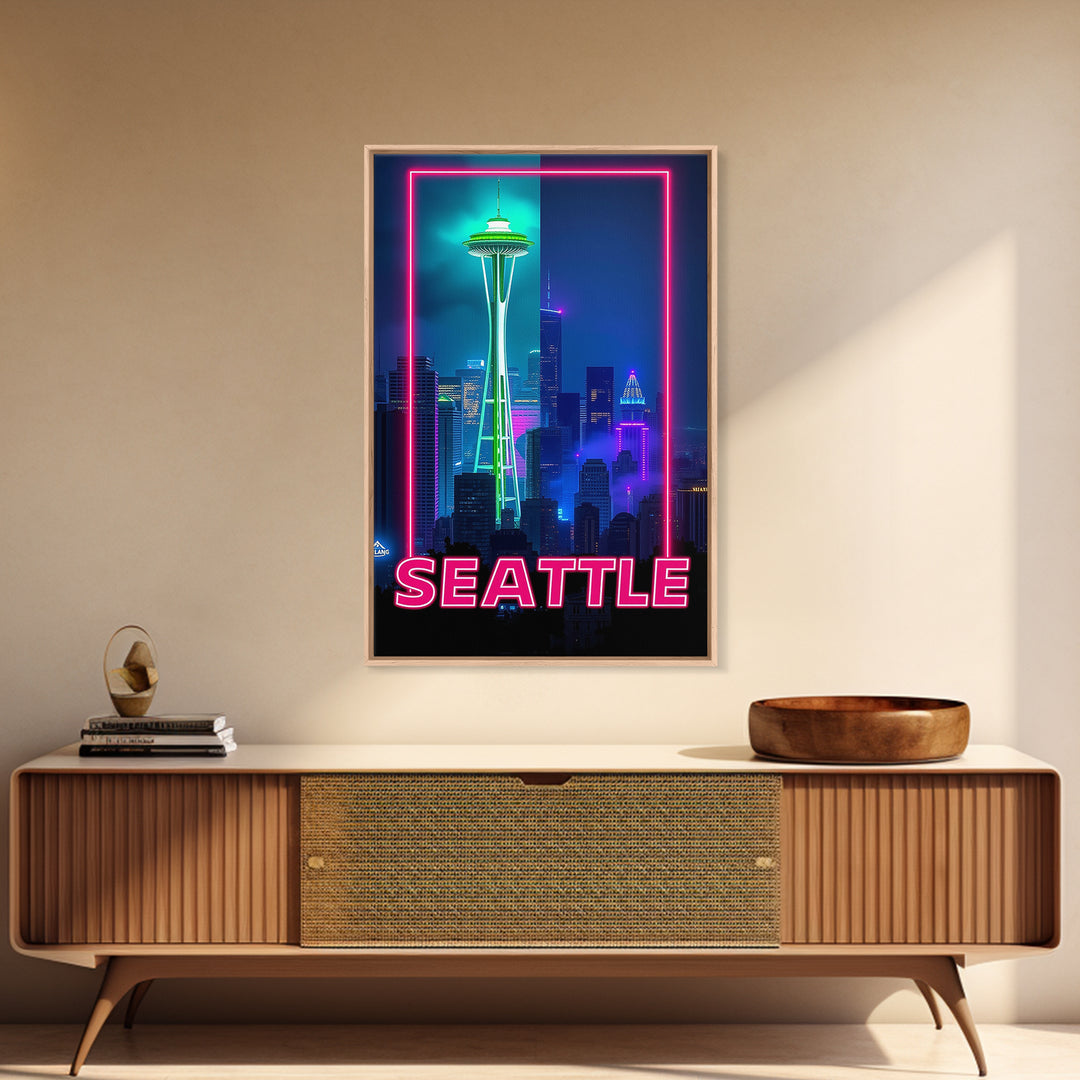 Seattle Travel Poster, Framed Canvas Print, Retro Neon Travel Art, Seattle City Art, Modern Wall Decor, Travel Wall Decor, Fine Art Print