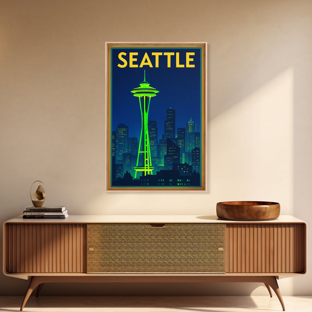 Seattle Travel Poster, Framed Canvas Print, Cyberpunk Style City Art, Seattle City Art, Wanderlust Decor, Retro Travel Print, Design 6