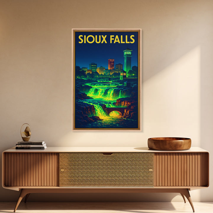 Sioux Falls Travel Poster, Canvas Print, Retro Neon Travel Art, Sioux Falls Poster Print, Living Room Wall Art, City Illustration