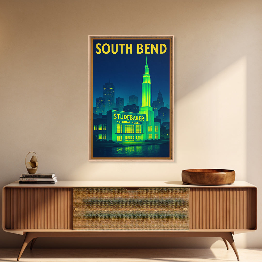 South Bend Travel Poster, Framed Canvas Print, Neon City Skyline Wall Art, South Bend Wall Art, Wanderlust Decor, Living Room Wall Art