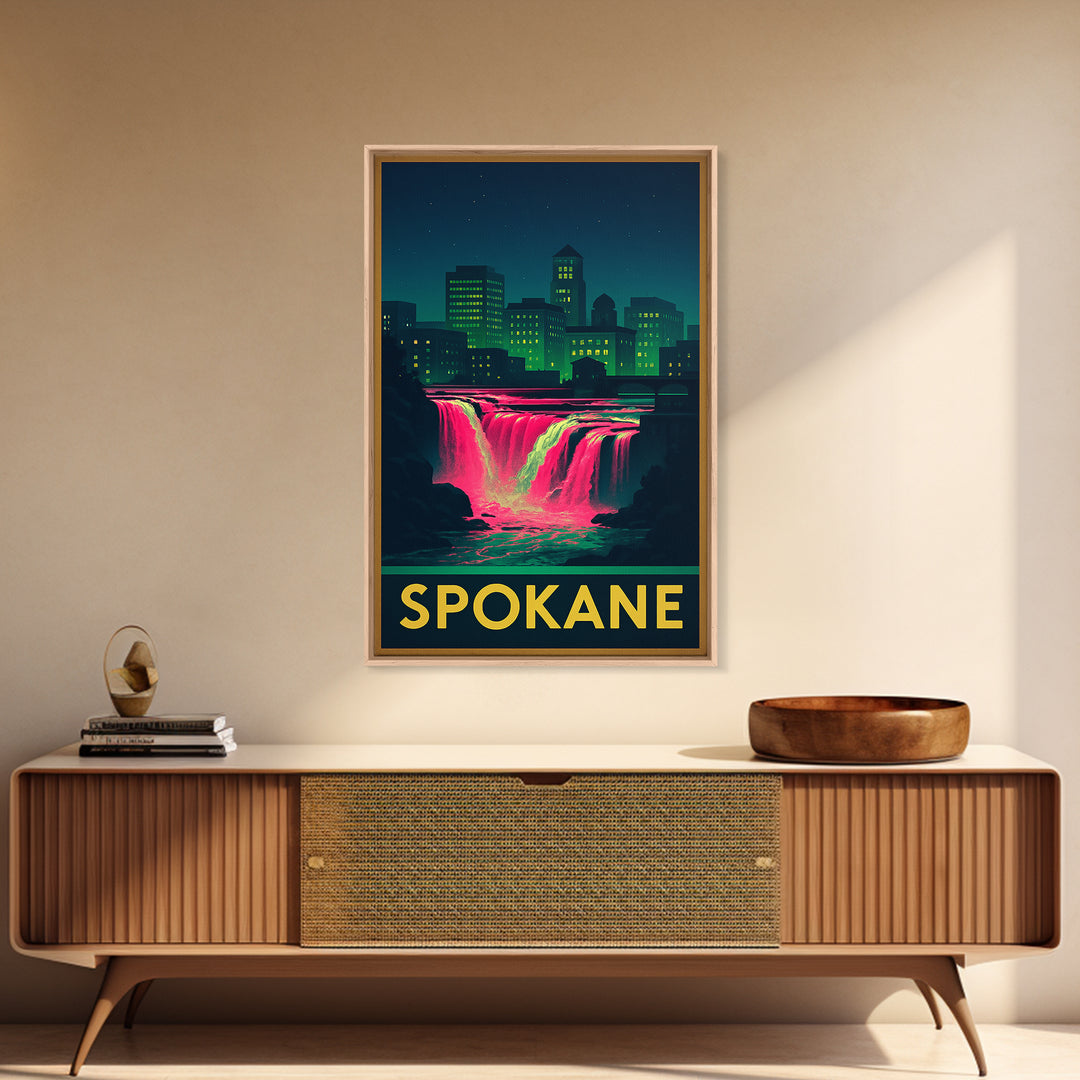 Spokane Washington Travel Poster, Canvas Print, Cyberpunk Style City Art, Spokane Poster Print, Mid Century Wall Art, Living Room Wall Art