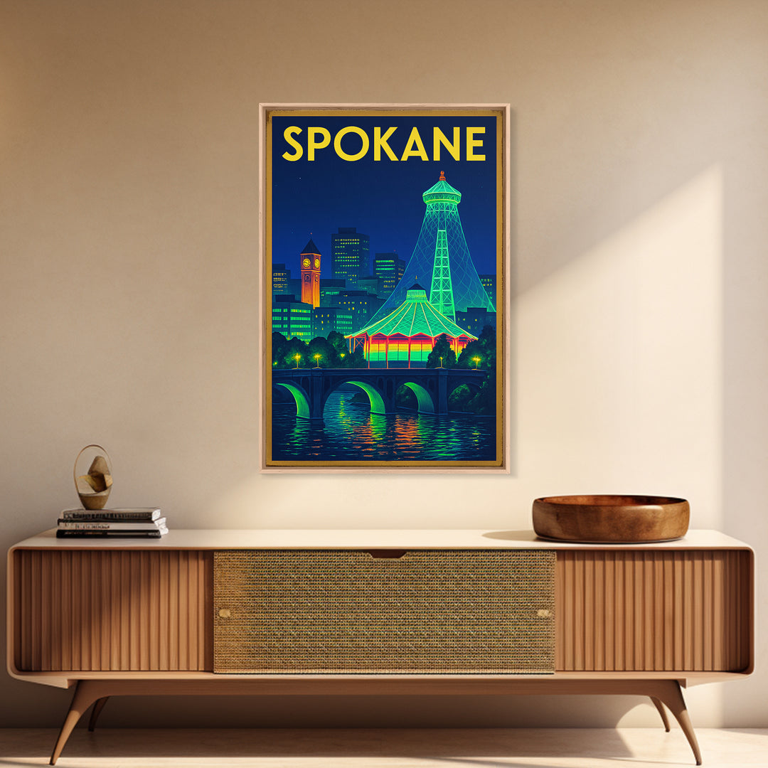 Spokane Travel Poster, Framed Canvas Print, Neon Skyline Wall Art, Spokane Travel Art, Travel Poster Set, Eclectic Wall Decor