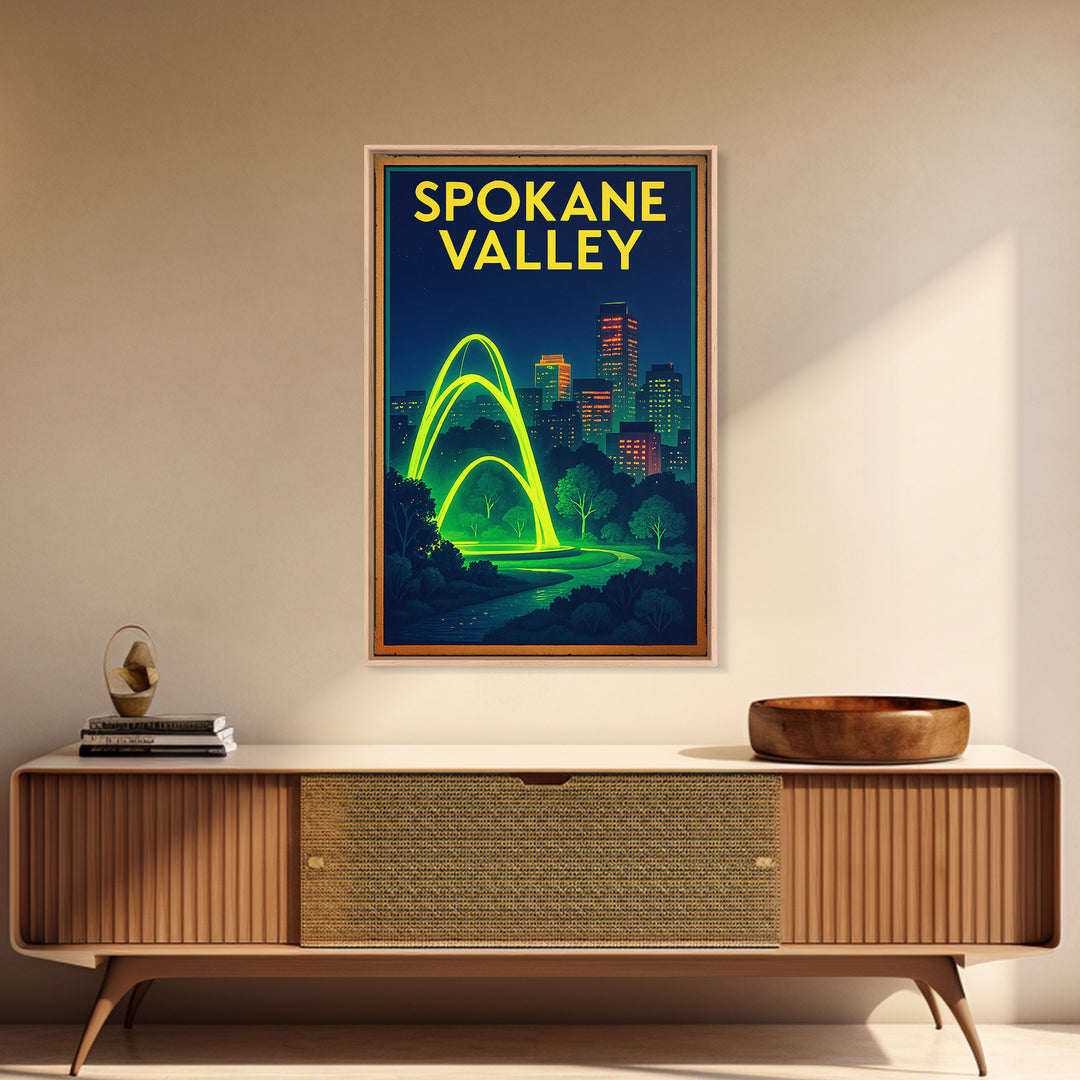 Spokane Valley Travel Poster, Framed Canvas Print, Cyberpunk Style City Art, Spokane Valley Wall Art, Vintage Travel Print, Retro Poster