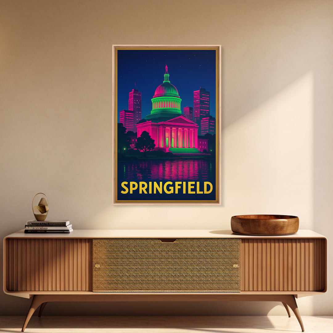 Springfield Travel Poster, Framed Canvas Print, Cyberpunk Style City Art, Springfield Travel Art, Fine Art Print, Mid Century Wall Art