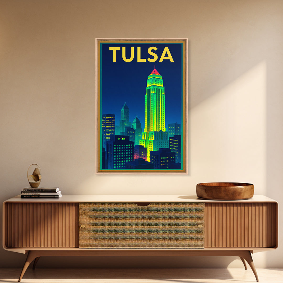Tulsa Travel Poster, Canvas Print, Retro Neon Travel Art, Tulsa City Art, Vintage City Poster, Living Room Wall Art, Travel Wall Art