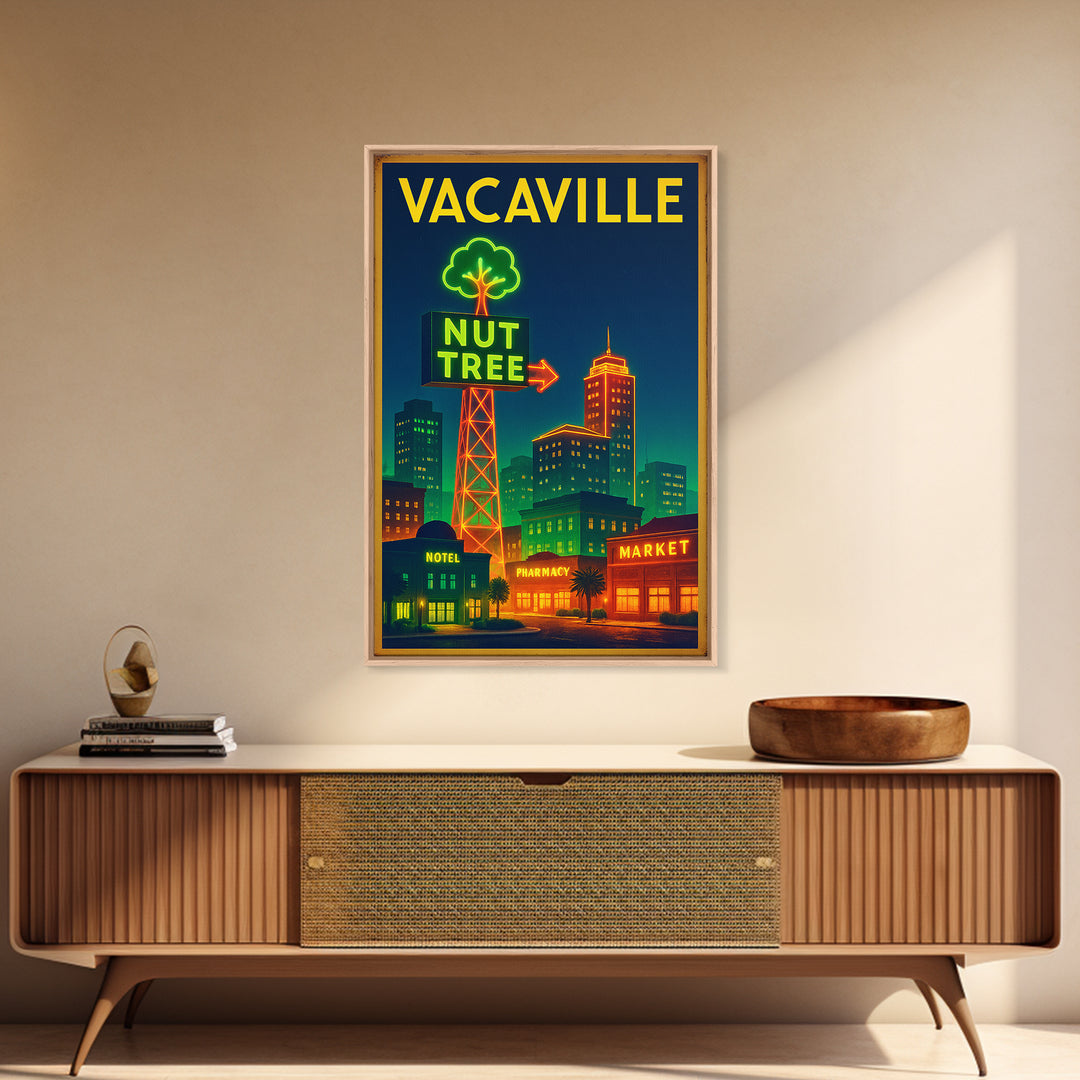 Vacaville Travel Poster, Framed Canvas Print, Electric Night Poster Art, Vacaville Travel Art, Travel Wall Art, Watercolor Skyline Art