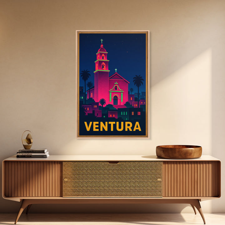 Ventura California Travel Poster, Canvas Print, Neon Skyline Art Wall Art, Ventura Art Print, Wall Decor, City Illustration, Home Decor