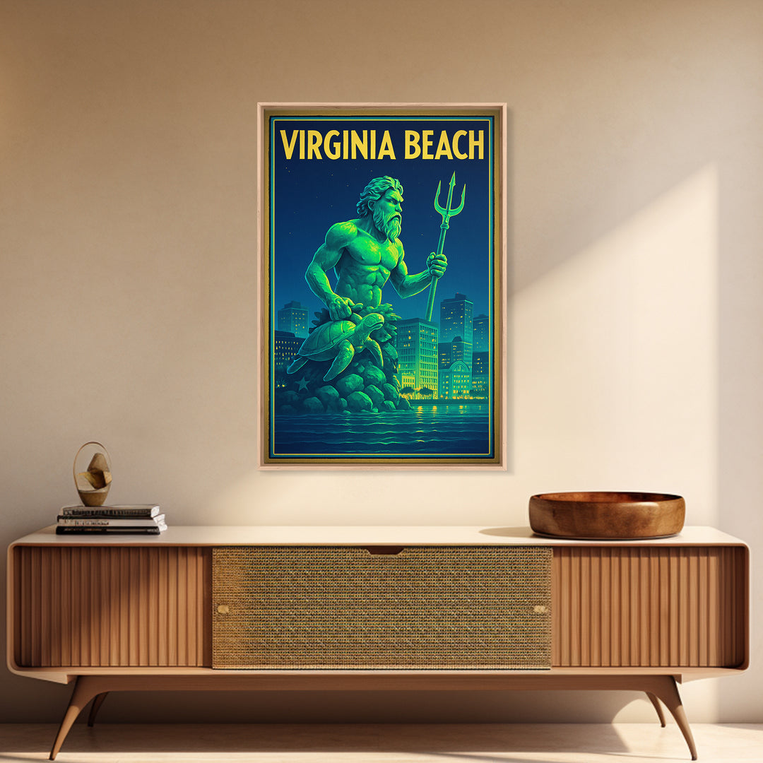 Virginia Beach Travel Poster, Canvas Print, Neon City Skyline Wall Art, Virginia Beach Wall Art, City Poster, Watercolor City Skyline
