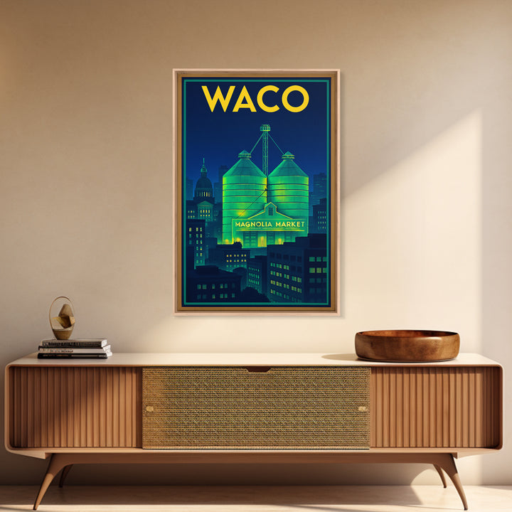 Waco Travel Poster, Framed Canvas Print, Electric Night Poster Art, Waco Travel Art, Watercolor Cityscape, Travel Wall Art, Poster Print