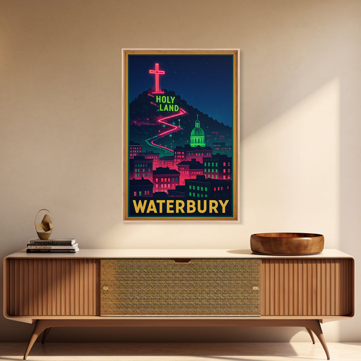 Waterbury Travel Poster, Framed Canvas Print, Neon Skyline Wall Art, Waterbury Art Print, Fine Art Print, Vintage Travel Art