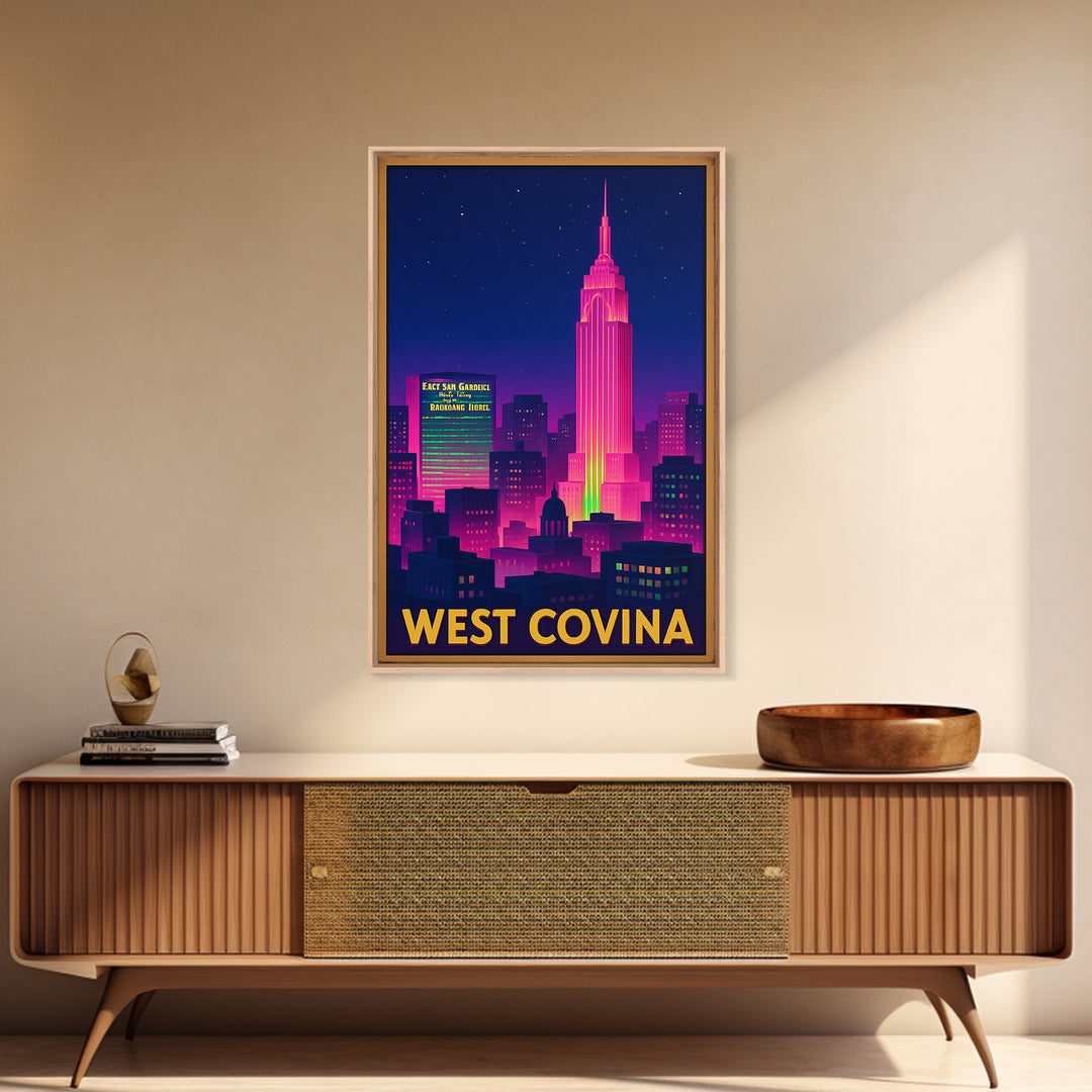 West Covina California Travel Poster, Canvas Print, Electric Night Poster Art, West Covina Poster Print, City Art Print, Vintage Travel Art