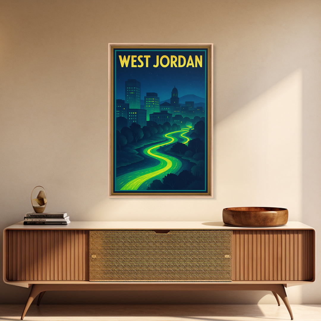 West Jordan Travel Poster, Framed Canvas Print, Cyberpunk Style City Art, West Jordan Poster Print, Fine Art Print, Vintage City Art