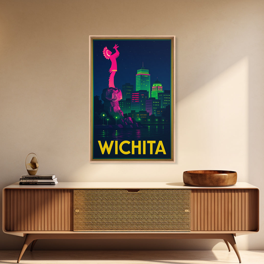 Wichita Kansas Travel Poster, Canvas Print, Retro Neon Travel Art, Wichita Print, City Poster, Travel Wall Art, Watercolor Urban Skyline