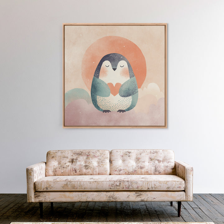 Penguin Holding a Little Heart Shape Canvas Print, Nursery Art, Watercolor Print, Nursery Decor, Abstract Art, Nursery, NUR-1x1-10