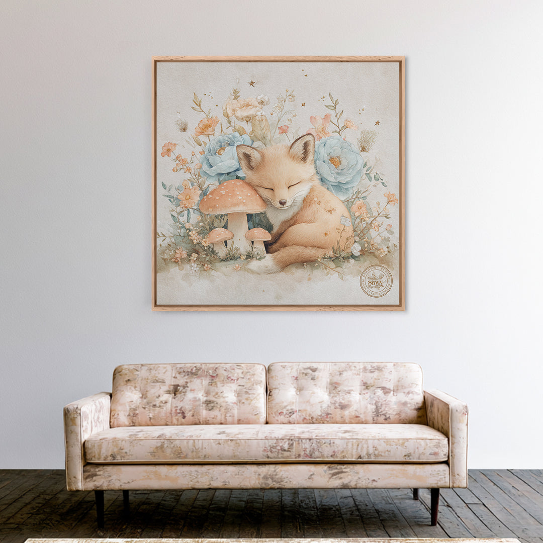 Woodland Fox Tucked Framed Canvas Print, Nursery Art, Whimsical Wall Art, Nursery Decor, Watercolor Art, Nursery, NUR-1x1-100
