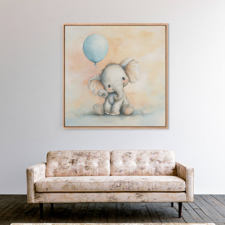 Sleepy Baby Elephant Holding a Tiny Balloon Canvas Print, Nursery Art, Neutral Decor, Nursery Decor, Fine Art, Nursery, NUR-1x1-25