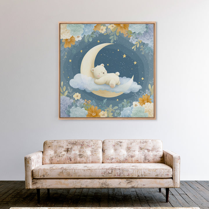 Baby Bear Floating on a Crescent Moon Canvas Print, Nursery Art, Kids Wall Decor, Nursery Decor, Oil Painting, Nursery, NUR-1x1-30