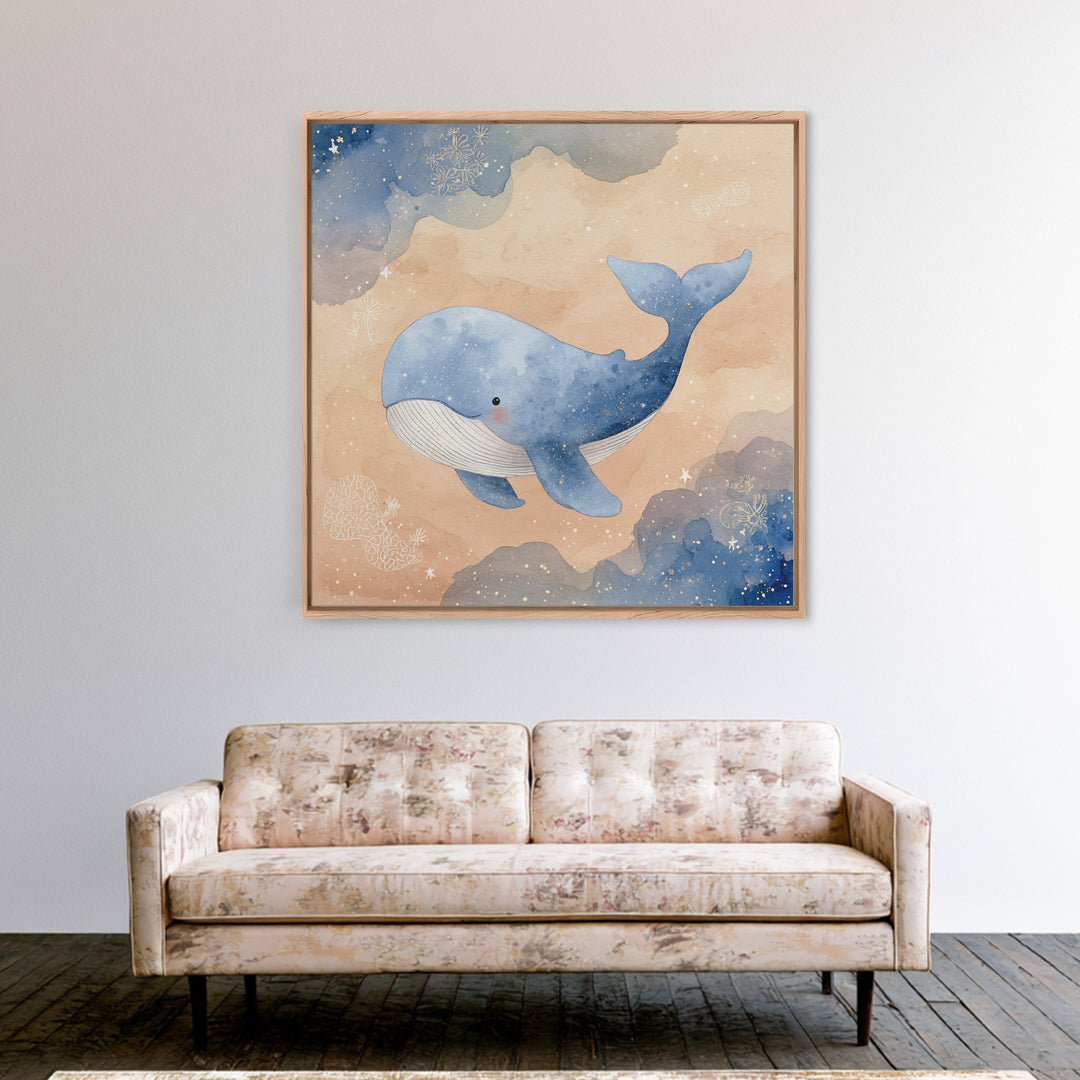 Whale and Tiny Stars Framed Canvas Print, Nursery Art, Home Decor, Nursery Decor, Fine Art, Nursery, Contemporary Art, NUR-1x1-32