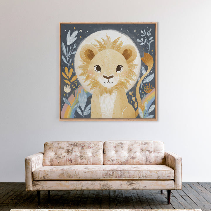 Lion Cub with Soft Golden Mane Framed Canvas Print, Nursery Art, Fine Art Print, Nursery Decor, Abstract Art, Nursery, NUR-1x1-33