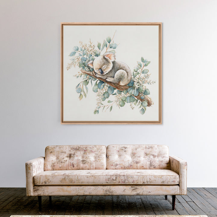 Sleeping Koala on Eucalyptus Branch Framed Canvas Print, Nursery Art, Whimsical Wall Art, Nursery Decor, Fine Art, Nursery, NUR-1x1-37