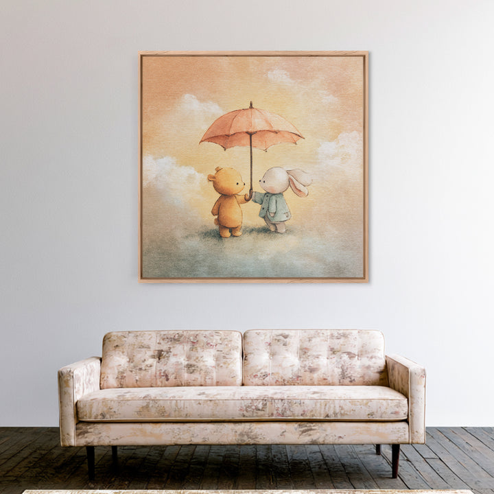 Bear and Rabbit Sharing Umbrella Framed Canvas Print, Nursery Art, Home Decor, Nursery Decor, Fine Art, Nursery, NUR-1x1-41