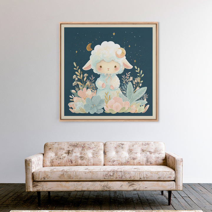 Little Lamb under a Starry Sky Framed Canvas Print, Nursery Art, Woodland Nursery, Nursery Decor, Oil Painting, Nursery, NUR-1x1-43