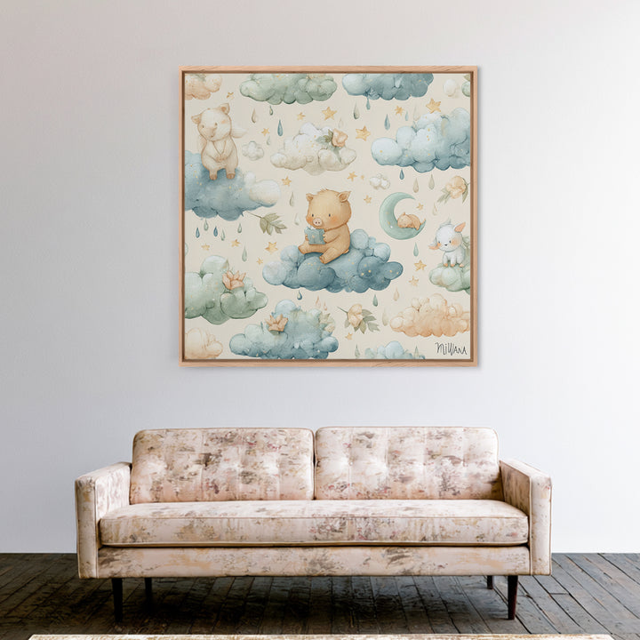 Clouds and Raindrops Framed Canvas Print, Nursery Art, Playroom Wall Art, Nursery Decor, Fine Art, Nursery, Statement Artwork, NUR-1x1-46