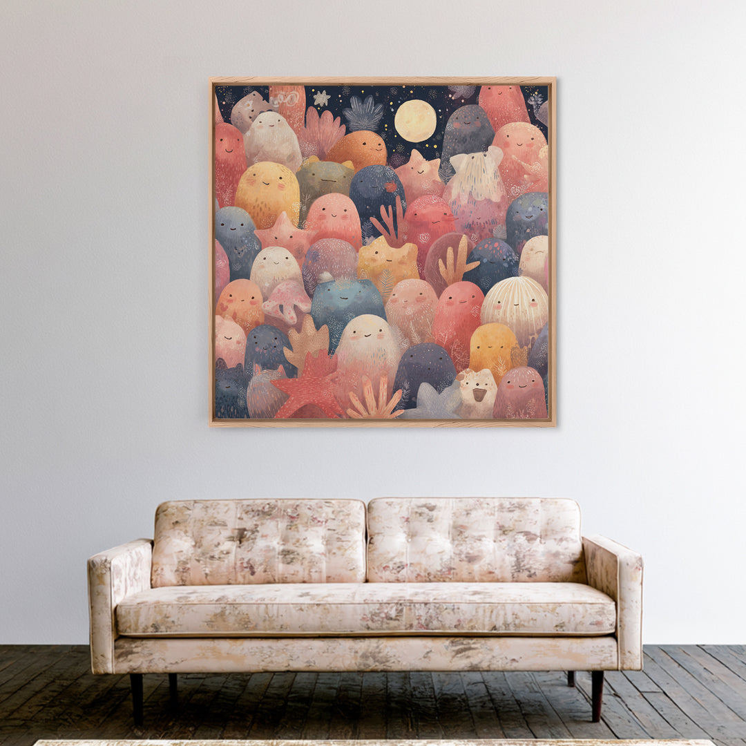 Friendly Ocean Creatures Framed Canvas Print, Nursery Art, Art Print, Nursery Decor, Oil Painting, Nursery 048, Wall Art Set of, NUR-1x1-48