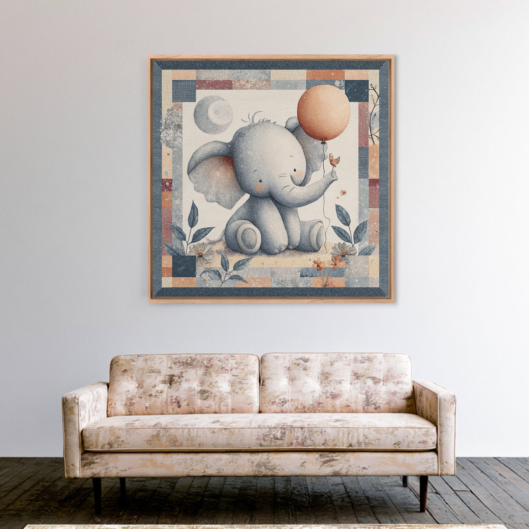 Sleepy Baby Elephant Holding a Tiny Balloon Canvas Print, Nursery Art, Neutral Decor, Nursery Decor, Fine Art, Nursery, NUR-1x1-49