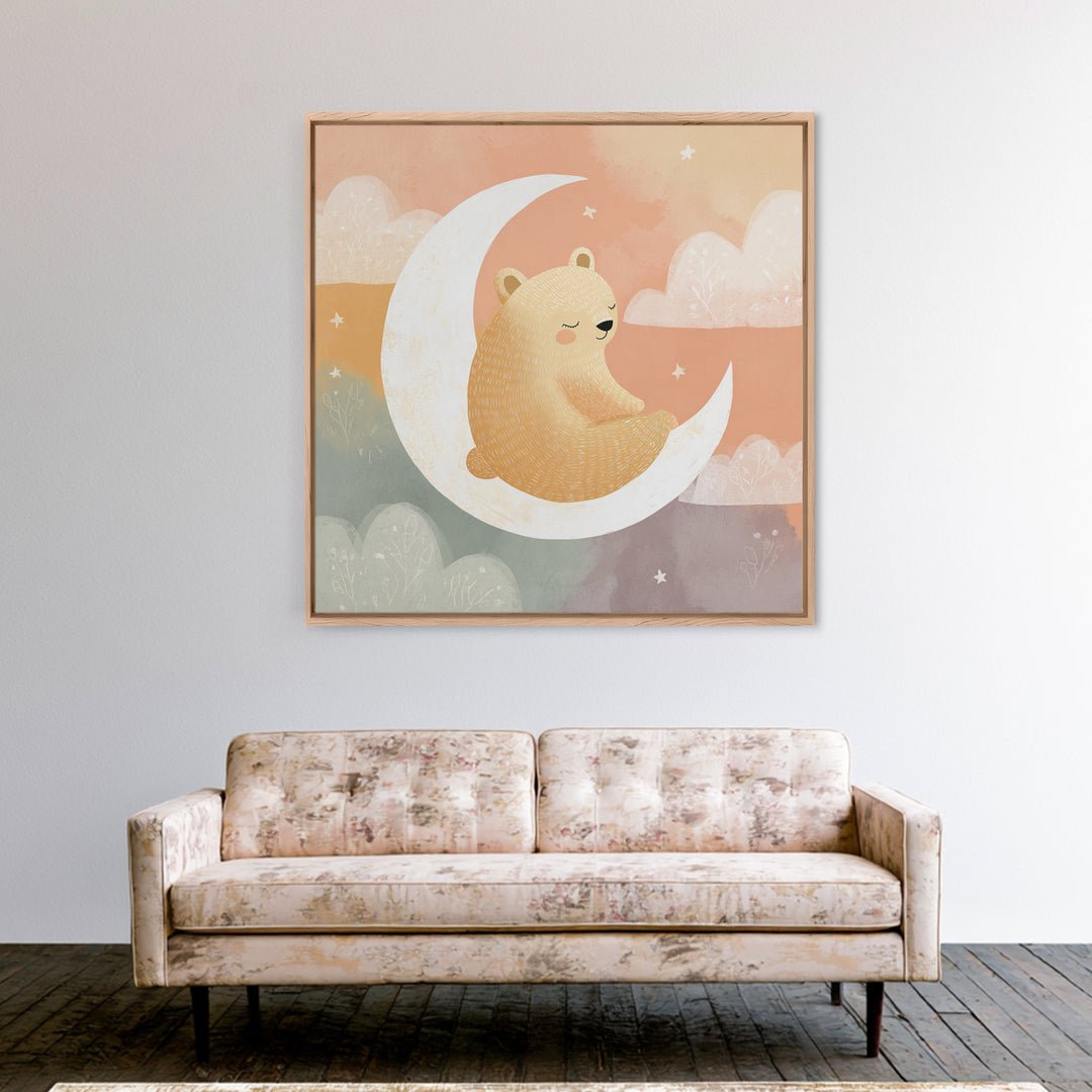 Baby Bear Floating on a Crescent Moon Canvas Print, Nursery Art, Kids Wall Decor, Nursery Decor, Oil Painting, Nursery, NUR-1x1-54
