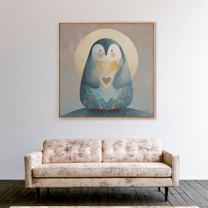 Penguin Holding a Little Heart Shape Framed Canvas Print, Nursery Art, Kids Room Wall Art, Nursery Decor, Abstract Art, Nursery, NUR-1x1-58