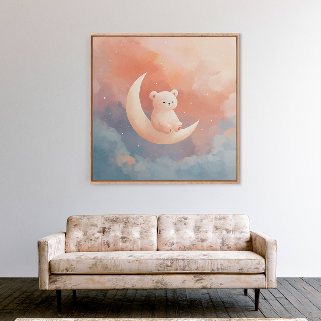 Baby Bear Floating on a Crescent Moon Framed Canvas Print, Nursery Art, Woodland Nursery, Nursery Decor, Watercolor Art, NUR-1x1-6