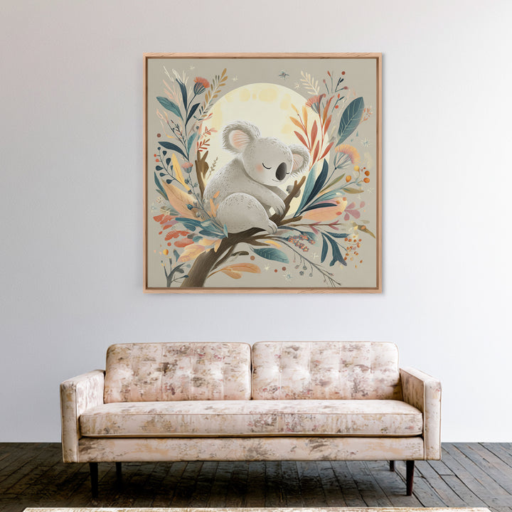 Sleeping Koala on Eucalyptus Branch Framed Canvas Print, Nursery Art, Whimsical Wall Art, Nursery Decor, Fine Art, Nursery, NUR-1x1-61