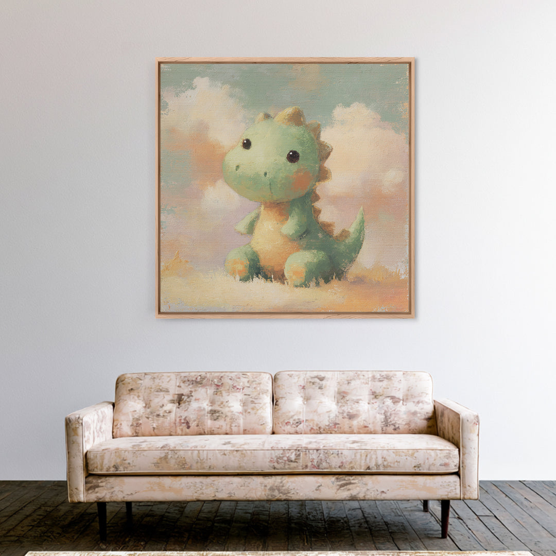 Tiny Dinosaur with Friendly Expression Framed Canvas Print, Nursery Art, Whimsical Wall Art, Nursery Decor, Fine Art, Nursery, NUR-1x1-63