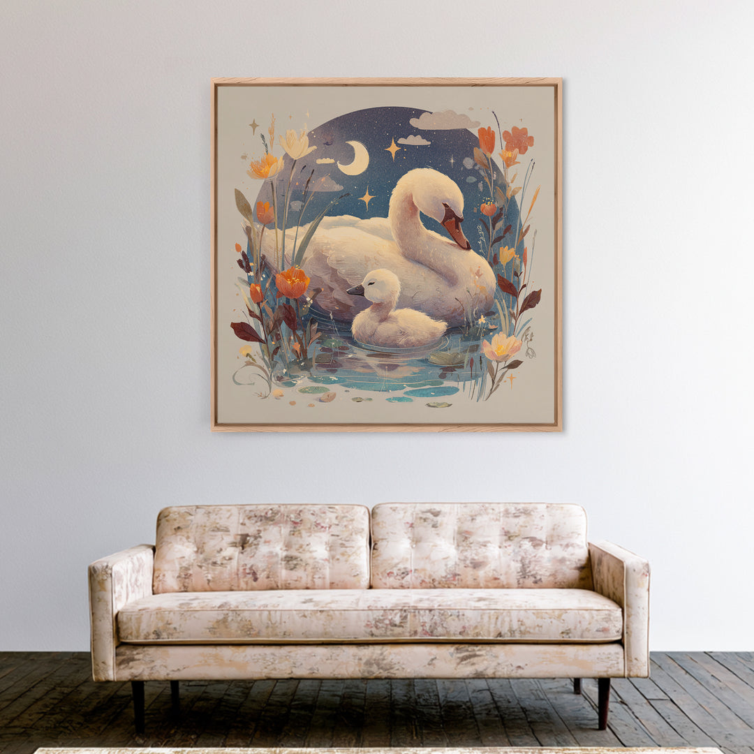 Swan and Cygnet Framed Canvas Print, Nursery Art, Digital Download Art, Nursery Decor, Fine Art, Nursery, Whimsical Wall Art, NUR-1x1-64